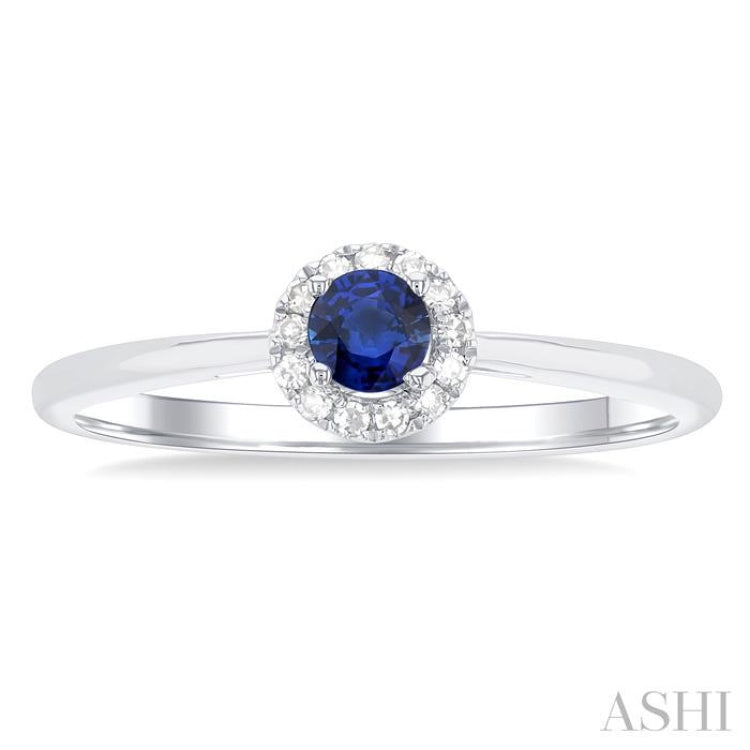 3.25 MM Round Sapphire and 1/20 Ctw Round Cut Diamond Halo Precious Ring in 10K White Gold