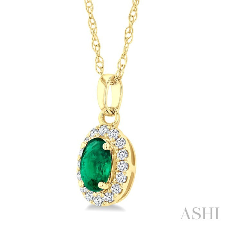 5x3 MM Oval Shape Emerald and 1/20 Ctw Round Cut Diamond Halo Precious Pendant with Chain in 10K Yellow Gold