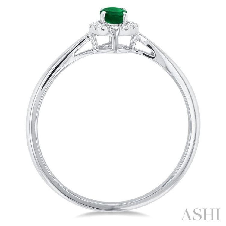 5x3 MM Oval Shape Emerald and 1/20 Ctw Round Cut Diamond Halo Precious Ring in 10K White Gold
