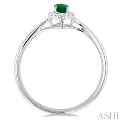 5x3 MM Oval Shape Emerald and 1/20 Ctw Round Cut Diamond Halo Precious Ring in 10K White Gold