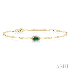 5x3 MM Emerald and 1/20 Ctw Round Cut Diamond Halo Precious Paperclip Bracelet in 10K Yellow Gold