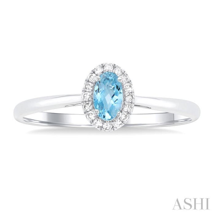 5x3 MM Oval Shape Aquamarine and 1/20 Ctw Round Cut Diamond Halo Semi-Precious Ring in 10K White Gold