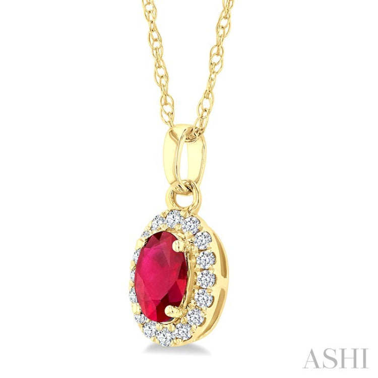 5x3 MM Oval Shape Ruby and 1/20 Ctw Round Cut Diamond Halo Precious Pendant with Chain in 14K Yellow Gold
