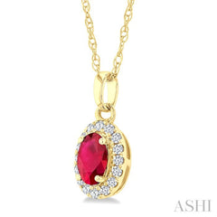 5x3 MM Oval Shape Ruby and 1/20 Ctw Round Cut Diamond Halo Precious Pendant with Chain in 14K Yellow Gold