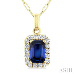 6x4 MM Octagonal Shape Sapphire and 1/6 Ctw Round Cut Diamond Halo Precious Pendant with Chain in 14K Yellow Gold