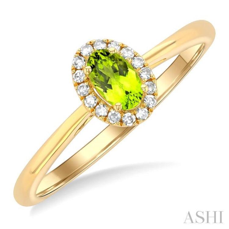 5x3 MM Oval Shape Peridot and 1/20 Ctw Round Cut Diamond Halo Semi-Precious Ring in 10K Yellow Gold