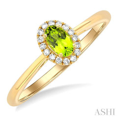 5x3 MM Oval Shape Peridot and 1/20 Ctw Round Cut Diamond Halo Semi-Precious Ring in 10K Yellow Gold