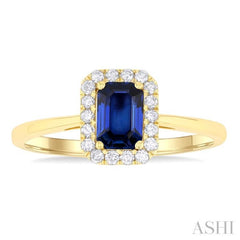 6x4 MM Octagonal Shape Sapphire and 1/6 Ctw Round Cut Diamond Halo Precious Ring in 14K Yellow Gold