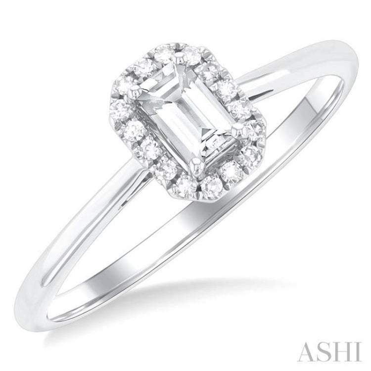 5x3 MM Octagonal Shape White Topaz and 1/20 Ctw Round Cut Diamond Halo Semi-Precious Ring in 10K White Gold