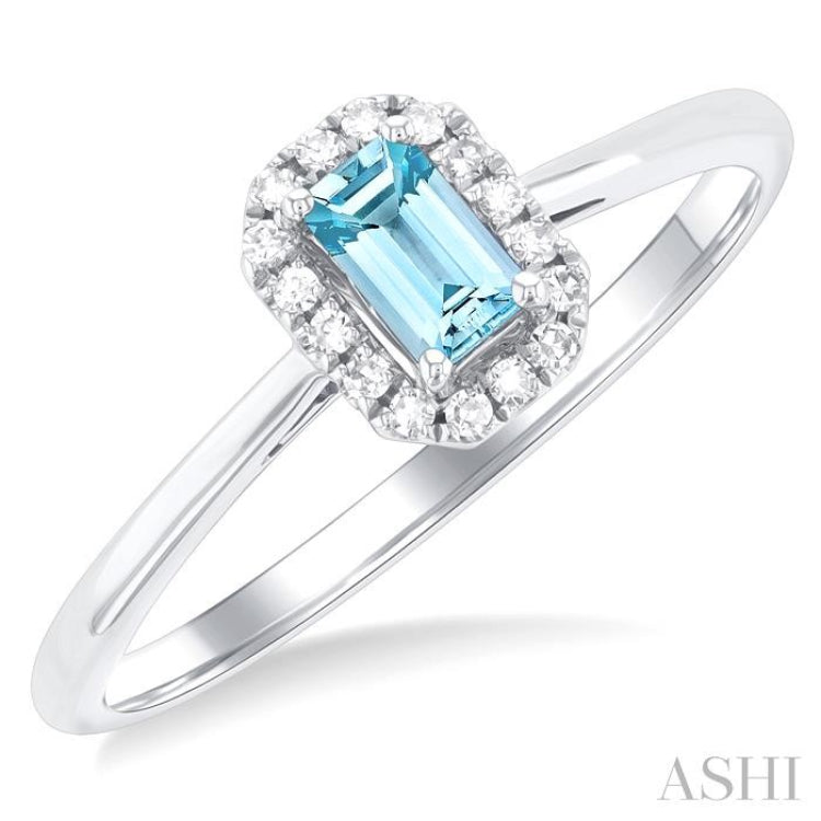 5x3 MM Octagonal Shape Aquamarine and 1/20 Ctw Round Cut Diamond Halo Semi-Precious Ring in 10K White Gold
