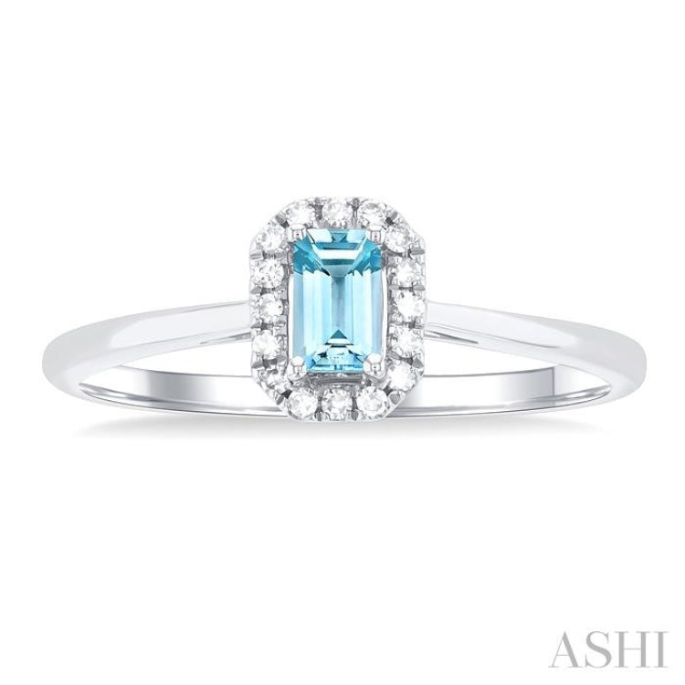5x3 MM Octagonal Shape Aquamarine and 1/20 Ctw Round Cut Diamond Halo Semi-Precious Ring in 10K White Gold
