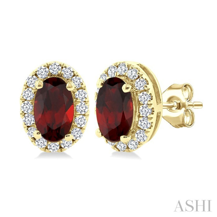 5x3 MM Oval Shape Garnet and 1/8 Ctw Round Cut Diamond Halo Semi-Precious Stud Earrings in 10K Yellow Gold