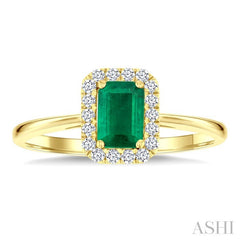 6x4 MM Octagonal Shape Emerald and 1/6 Ctw Round Cut Diamond Halo Precious Ring in 14K Yellow Gold