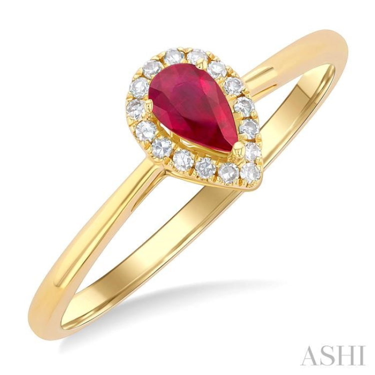 5x3 MM Pear Shape Ruby and 1/20 Ctw Round Cut Diamond Halo Precious Ring in 10K Yellow Gold