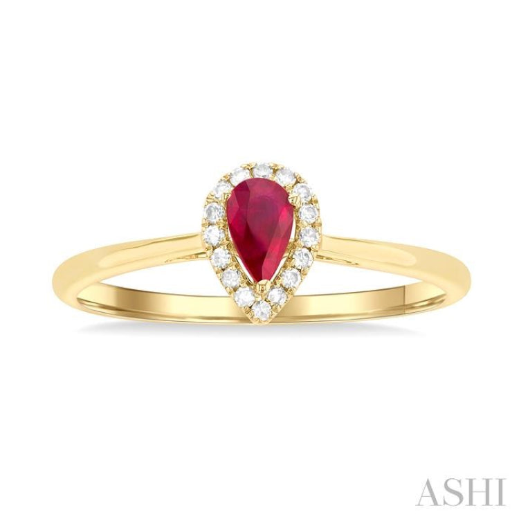 5x3 MM Pear Shape Ruby and 1/20 Ctw Round Cut Diamond Halo Precious Ring in 10K Yellow Gold