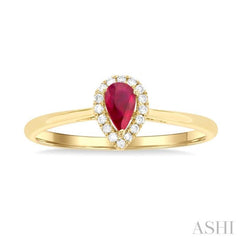 5x3 MM Pear Shape Ruby and 1/20 Ctw Round Cut Diamond Halo Precious Ring in 10K Yellow Gold