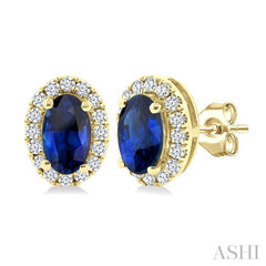 5x3 MM Oval Shape Sapphire and 1/8 Ctw Round Cut Diamond Halo Precious Stud Earrings in 10K Yellow Gold