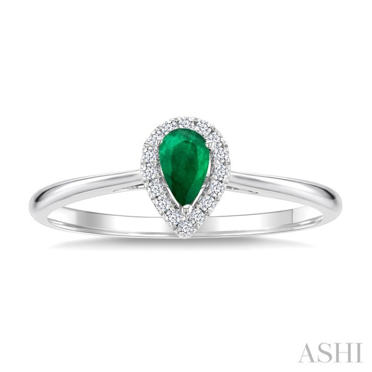 5x3 MM Pear Shape Emerald and 1/20 Ctw Round Cut Diamond Halo Precious Ring in 10K White Gold
