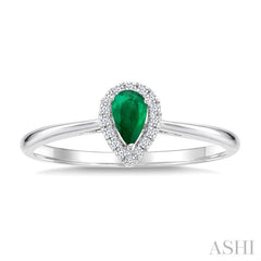 5x3 MM Pear Shape Emerald and 1/20 Ctw Round Cut Diamond Halo Precious Ring in 10K White Gold