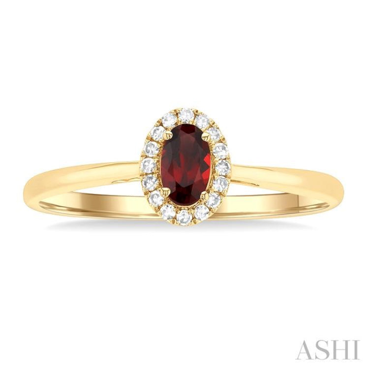 5x3 MM Oval Shape Garnet and 1/20 Ctw Round Cut Diamond Halo Semi-Precious Ring in 10K Yellow Gold
