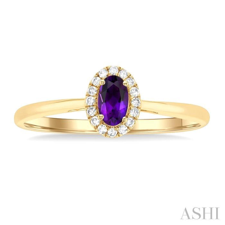 5x3 MM Oval Shape Amethyst and 1/20 Ctw Round Cut Diamond Halo Semi-Precious Ring in 10K Yellow Gold