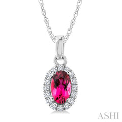 5x3 MM Oval Shape Pink Tourmaline and 1/20 Ctw Round Cut Diamond Halo Semi-Precious Pendant with Chain in 10K White Gold