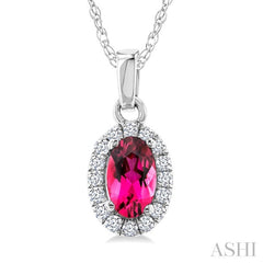 5x3 MM Oval Shape Pink Tourmaline and 1/20 Ctw Round Cut Diamond Halo Semi-Precious Pendant with Chain in 10K White Gold