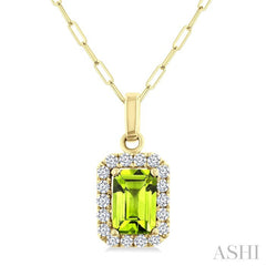 6x4 MM Octagonal Shape Peridot and 1/6 Ctw Round Cut Diamond Halo Semi-Precious Pendant with Chain in 14K Yellow Gold