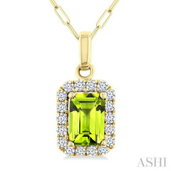 6x4 MM Octagonal Shape Peridot and 1/6 Ctw Round Cut Diamond Halo Semi-Precious Pendant with Chain in 14K Yellow Gold