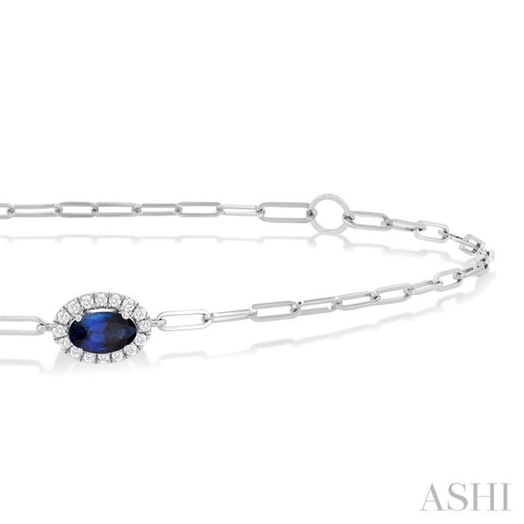 5x3 MM Oval Cut Sapphire and 1/20 Ctw Round Cut Diamond Halo Precious Paperclip Bracelet in 10K White Gold
