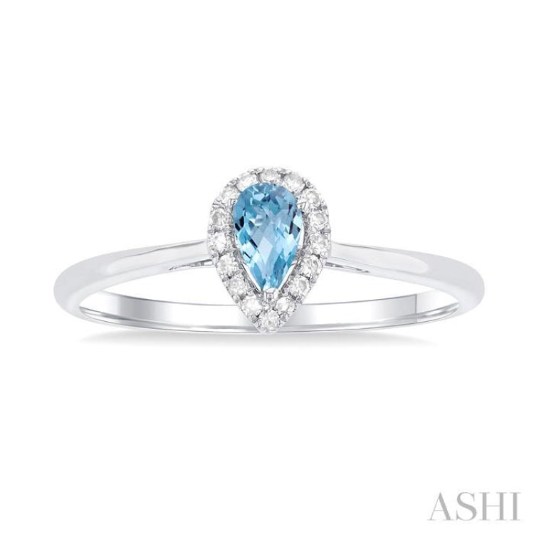 5x3 MM Pear Shape Aquamarine and 1/20 Ctw Round Cut Diamond Halo Semi-Precious Ring in 10K White Gold