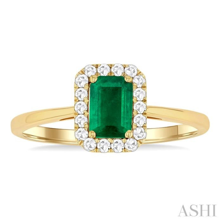 6x4 MM Octagonal Shape Emerald and 1/6 Ctw Round Cut Diamond Halo Precious Ring in 10K Yellow Gold
