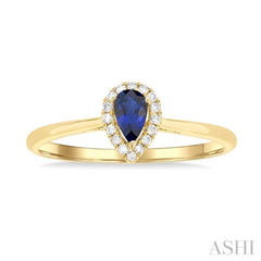 5x3 MM Pear Shape Sapphire and 1/20 Ctw Round Cut Diamond Halo Precious Ring in 10K Yellow Gold