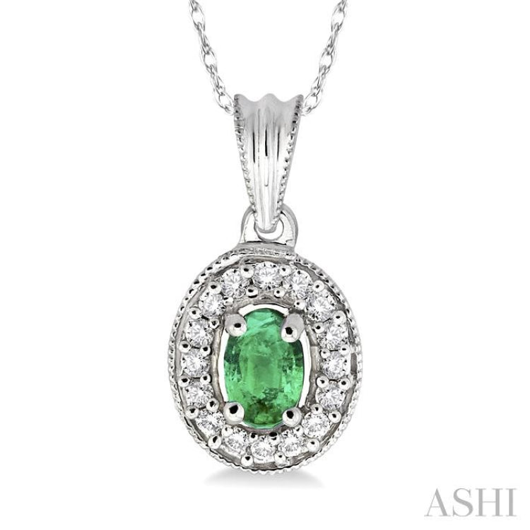 6x4 MM Oval Cut Emerald and 1/5 Ctw Round Cut Diamond Pendant in 14K White Gold with Chain