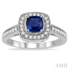 5x5 MM Cushion Shape Sapphire and 1/4 Ctw Round Cut Diamond Ring in 14K White Gold