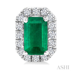 5x3 MM Octagonal Shape Emerald and 1/8 Ctw Round Cut Diamond Halo Precious Stud Earrings in 10K White Gold