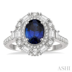 8x6 MM Oval Shape Sapphire and 3/4 Ctw Baguette and Round Cut Diamond Precious Ring in 14K White Gold