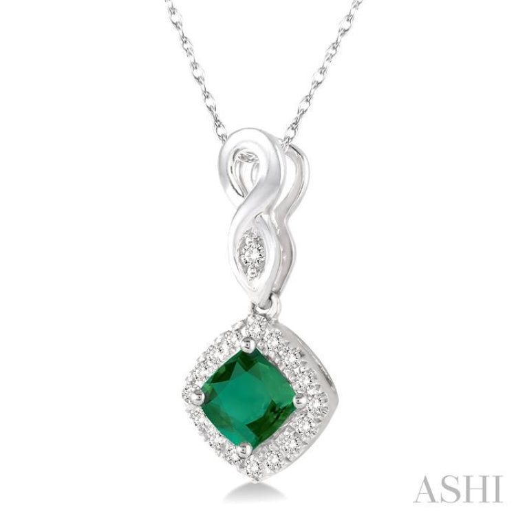 4x4 MM Cushion Shape Emerald and 1/10 Ctw Round Cut Diamond Pendant in 14K White Gold with Chain