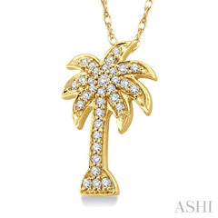 1/10 Ctw Palm Tree Round Cut Diamond Pendant in 10K Yellow Gold with Chain