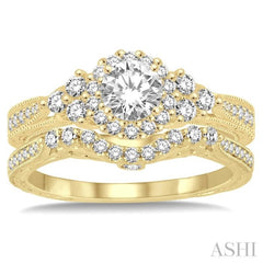 7/8 Ctw Diamond Wedding Set with 3/4 Ctw Round Cut Engagement Ring and 1/5 Ctw Wedding Band in 14K Yellow Gold