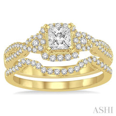 3/4 Ctw Diamond Bridal Set with 1/2 Ctw Princess Cut Engagement Ring and 1/6 Ctw Wedding Band in 14K Yellow Gold