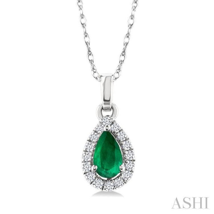5x3 MM Pear Shape Emerald and 1/20 Ctw Round Cut Diamond Halo Precious Pendant with Chain in 14K White Gold