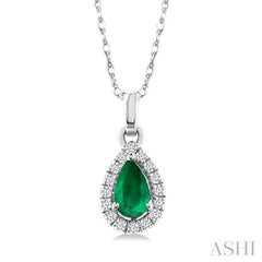 5x3 MM Pear Shape Emerald and 1/20 Ctw Round Cut Diamond Halo Precious Pendant with Chain in 14K White Gold