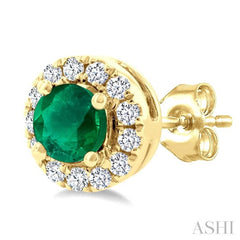 3.25 MM Round Emerald and 1/10 Ctw Round Cut Diamond Halo Precious Stud Earrings in 14K Yellow Gold