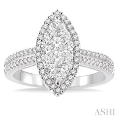 3/4 Ctw Marquise Shape Round Cut Diamond Lovebright Ring in 14K White Gold