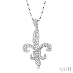 7/8 Ctw Round Cut Diamond Fleur De Lis Pendant in 14K White Gold with Chain