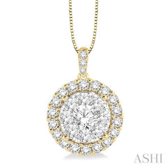 1 Ctw Round Cut Diamond Lovebright Pendant in 14K Yellow and White Gold with Chain
