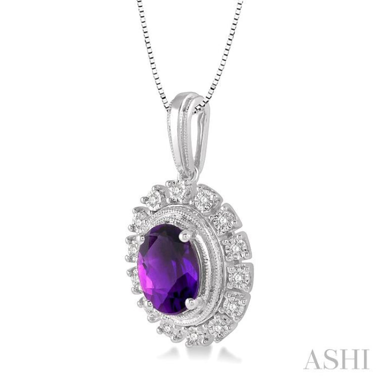 8x6 MM Oval Shape Amethyst and 1/10 Ctw Round Cut Diamond Semi-Precious Pendant With Chain in 10K White Gold