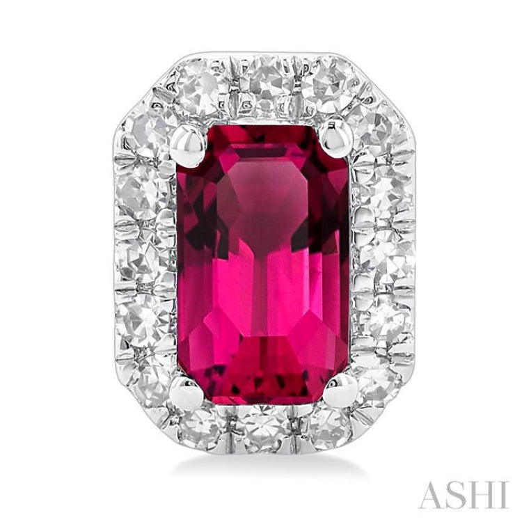 5x3 MM Octagonal Shape Pink Tourmaline and 1/8 Ctw Round Cut Diamond Halo Semi-Precious Stud Earrings in 10K White Gold