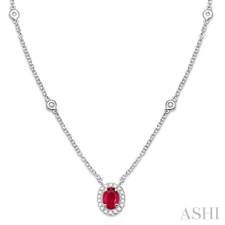 6x4 MM Oval Cut Ruby and 1/6 Ctw Round Cut Diamond Necklace in 14K White Gold